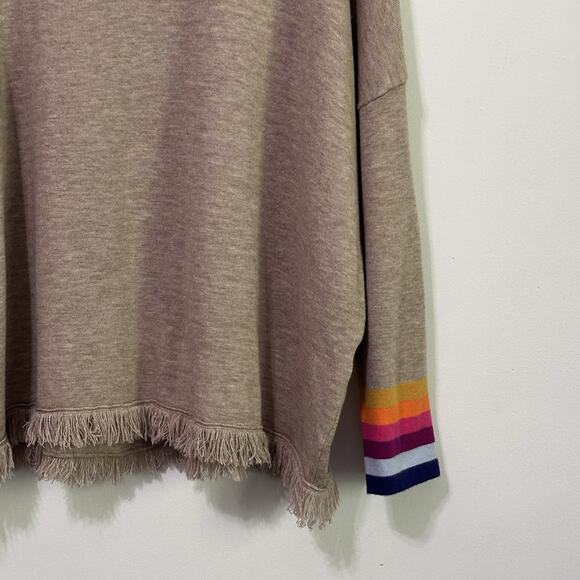 THML Knit Top Sweater M Fringe Trim Tan Pullover Boat Neck Rainbow Stripe Cuff - Picture 2 of 9